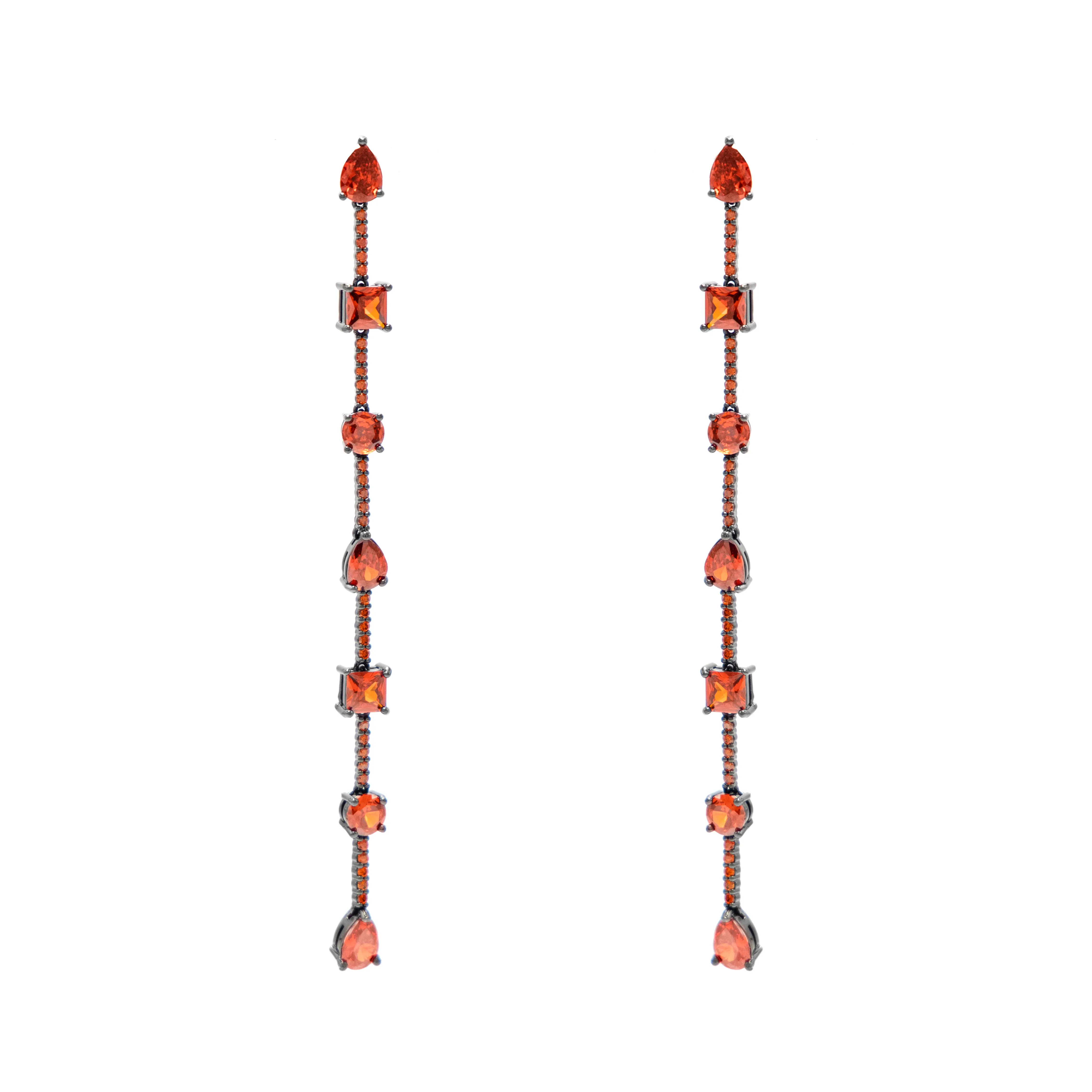 Aretes largos tennis con piedras rojo - chapa de rodio