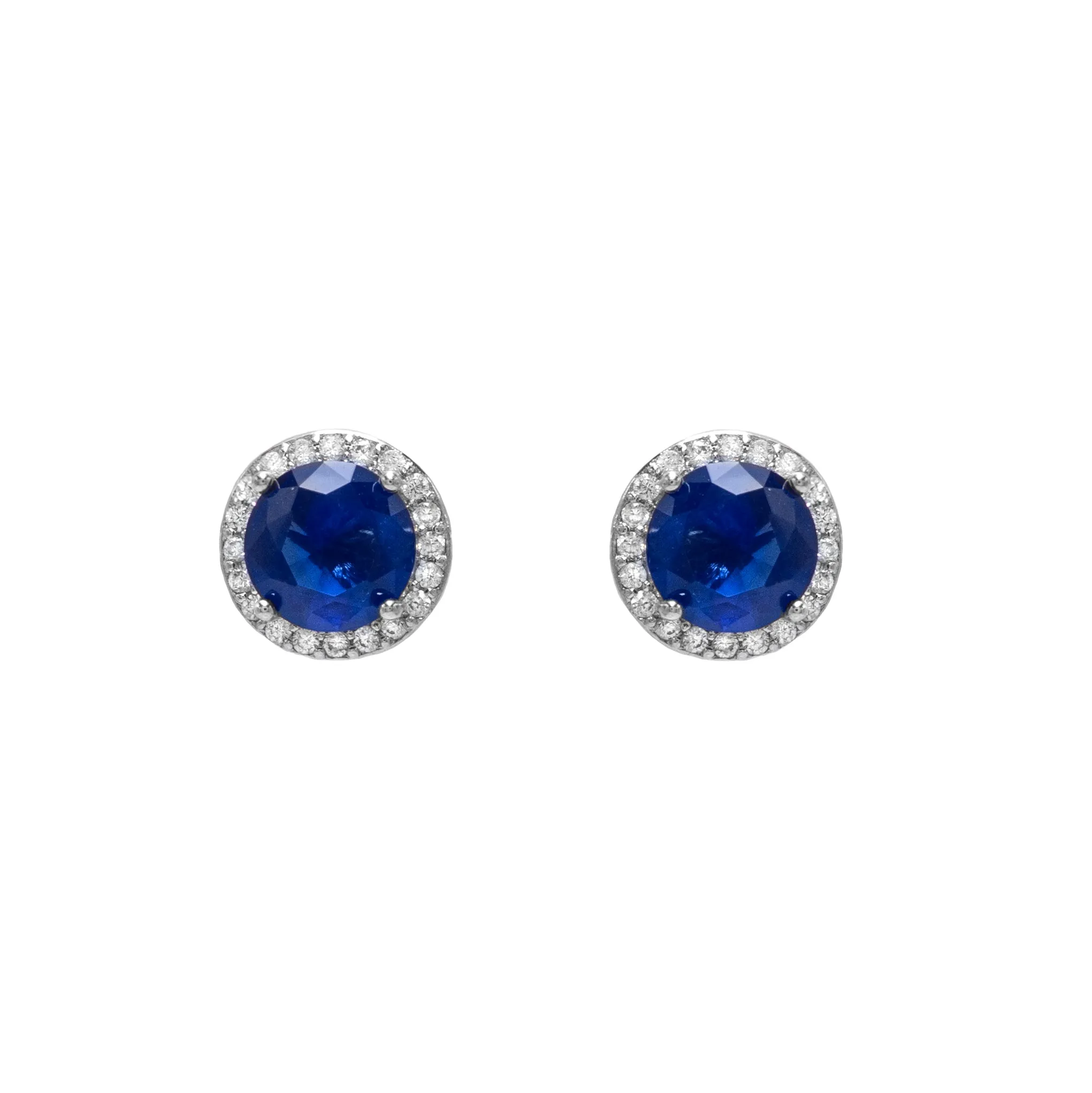Broqueles redondos y halo de zirconias azul - chapa de rodio