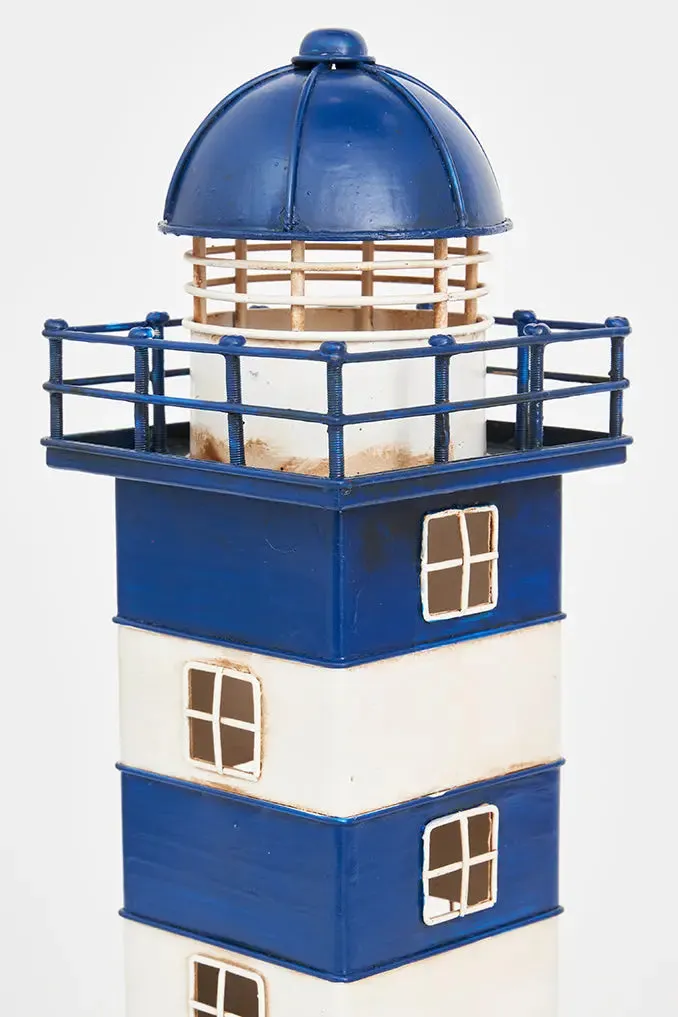 Faro de metal, 32 cm blanco y azul