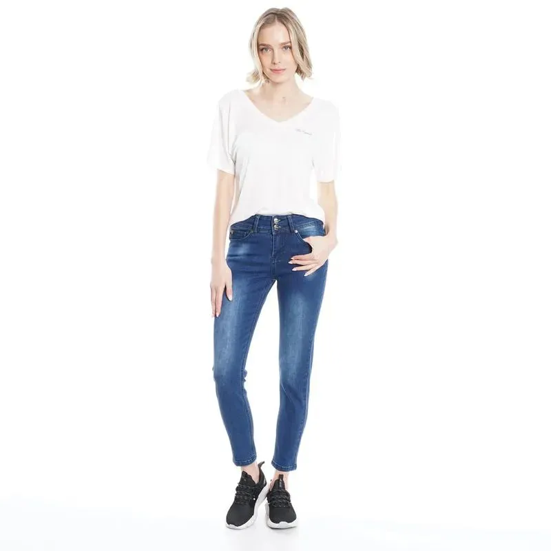 Jeans Mujer Leggings Cropped Tiro Medio Pretina Ancha Azul