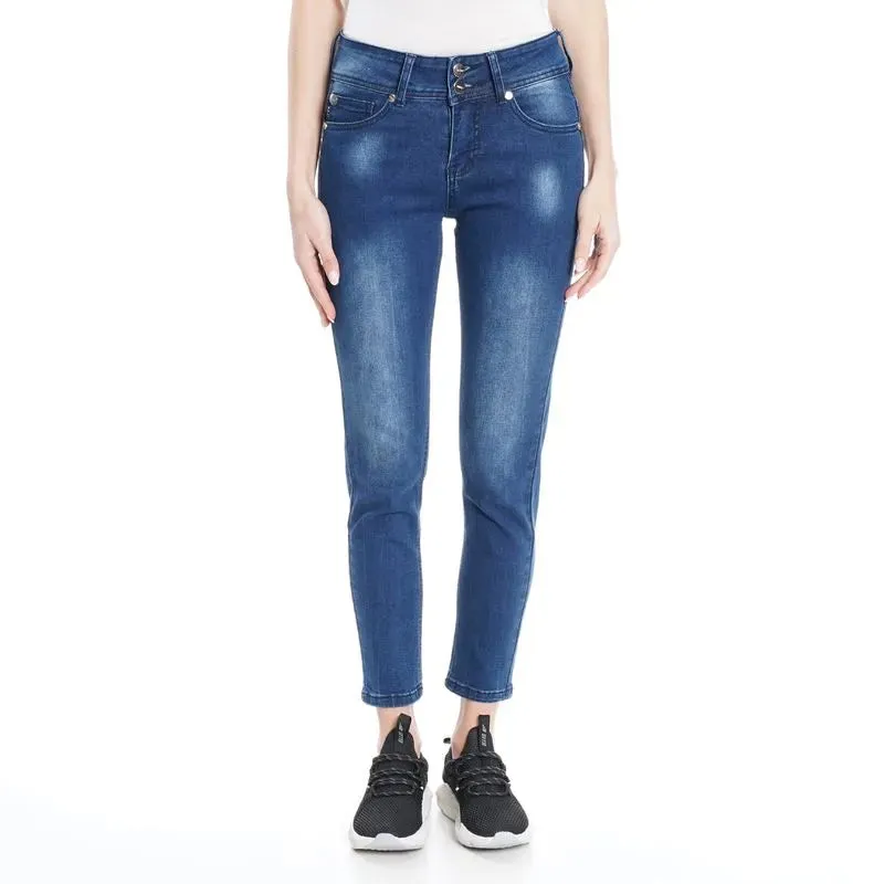 Jeans Mujer Leggings Cropped Tiro Medio Pretina Ancha Azul